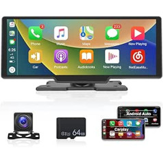 Camera Portable Car Radio with Wireless Carplay and Android Car - 10.36 Inch HD Touchscreen Car Display with Voice Control / FM/USB / AUX + 64G TF Card