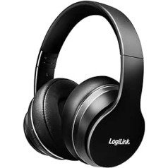 LogiLink BT0053 - Bluetooth V5.0 Active Noise Cancelling (ANC) Headset / Headphones with Active Noise Cancelling and Protective Transport Box, Aeroplane Adapter, Over Ear, Black