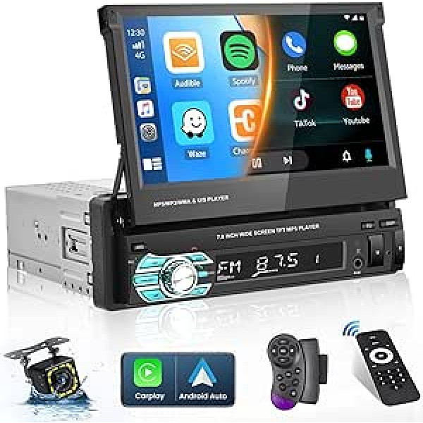 Hikity 1 DIN Car Radio with Apple Carplay Android Car Radio with 7 Inch Retractable Touch Display with Bluetooth Hands-Free Kit FM AUX/USB/TF + Reversing Camera