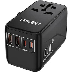 LENCENT Universal Travel Adapter 100W GaN3 International Travel Plug with 2 QC4.0 USB-A+2 PD3.0 Type-C PPS Fast Charging, Worldwide Wall Charger for USA/UK/EU/AU Sockets, Black