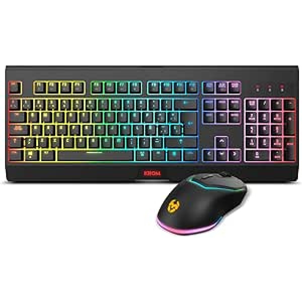 KROM Kabala Wireless Membrane Keyboard Kit RGB Rainbow Backlit, 6-Button Anti-Ghosting, Wireless Optical Mouse, 6 Levels DPI 800-4800 On-The-Fly, PC Compatible, Spanish Layout, Black