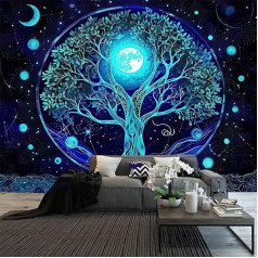 FENDROM Blauer Mond, Baum des Lebens, Wandteppich, Galaxie, Weltraum, Landschaft, Wandbehang, ästhetisch, UV-reaktiv, Fantasie-Baum, Kunst, Dekor-Poster für Schlafzimmer, Wohnzimmer, Wohnheim