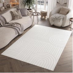 TAPISO Hygge Short Pile Rug Cream White Stripes Circles 3D Rug Living Room Bedroom Oeko-Tex 120 x 170 cm