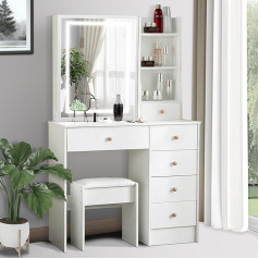 Puselo Dressing Table with Lighting Mirror, Dressing Table with 4 Drawers and 7 Shelves, Dressing Table with Sliding Mirror for Bedroom 90 x 40 x 140 cm, White