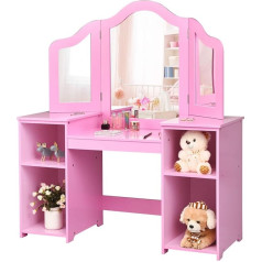 Costway 2-in-1 Children's Dressing Table Desk with Removable Mirror, Girls' Dressing Table with Open Compartments, Wooden Dressing Table (Without Chair, Pink)