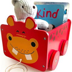 Wooden Hippo Toy Box | 2-in-1 Train Trolley & Storage Box on Wheels for Nursery / Bedroom | Baby Chest for Kids Toys, Play/Book Organiser | Gifts for Boys & Girls