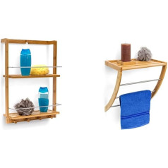 Relaxdays Bamboo Shower Shelf Approx. 53 x 38 x 15.5 cm, with 2 Shelves Made of Moisture-resistant Wood, Natural & Wall Towel Holder with 3 Towel Rails HW 40 x 38 x 24.5 cm, Wood, Natural Brown