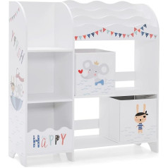 Dreamade Wooden Nursery Shelf, Toy Organiser with 5 Shelves and 2 Removable Fabric Boxes, Bookcase for Kids (Animal Pattern)