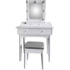 DRW Wooden Dressing Table with 4 Drawers with LED Lights and Stool in White, 75 x 40 x 130 cm, Stool 36 x 28 x 45 cm