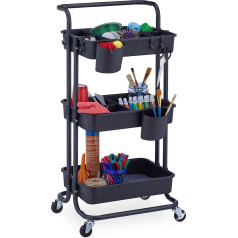 Relaxdays Rolling Trolley, 3 Levels, 2 Brakes, Multi-Purpose Trolley for Kitchen and Office, Rolling Shelf HBT: 86 x 43 x 42 cm, Metal, Black