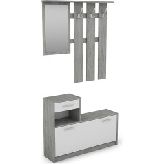 Byliving Tamina Wardrobe Set / Chest of Drawers with Shoe Cabinet + Hanging Coat Rack with Mirror / Concrete Look Grey / Fronts White / Hallway Cupboard / Cupboards / Shelf / 100 x 190 x 25 cm (W x H