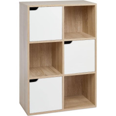 Mondeer Storage Shelf, Multi-layer Bookcase, Wooden Shelf, Storage Cabinet for Books and DVDs, Six Compartments with Three Doors, White and Wood