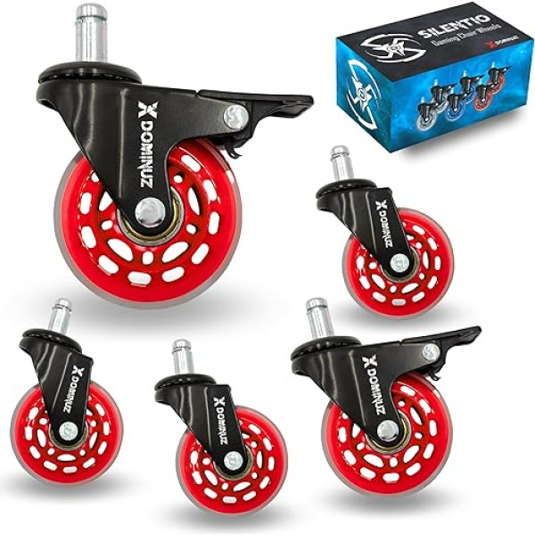 Xdominuz Silentio Gaming Chair Casters with Brake, Ultra Quiet Office Chair Castors for Parquet and Sensitive Surfaces, Pack of 5 (2 with Brake and 3 Free) Bolts 11 mm, Red