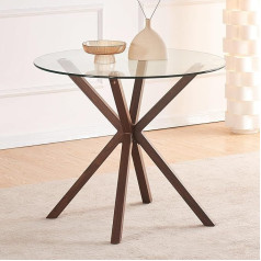 Ylkhome Round Glass Dining Table 88 cm Glass Top Kitchen Table with Wood Grain Metal Legs Modern Dining Room Table for 2 or 4 Round Dining Table for Kitchen Small Spaces Apartment EF-03