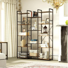 Yitahome Bookcase, Standing Bookcase with 14 Compartments and Hooks, Standing Bookcase with Sturdy Metal Frame for Living Room, Home Office, Rustic Brown