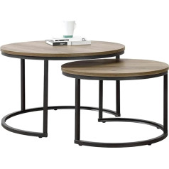 [En.casa] Christchurch Coffee Table Set of 2 Living Room Table Round Wood Look Dark Side Table Metal Frame Coffee Table