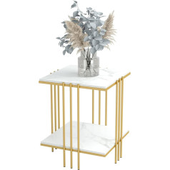 Fativo Side Table Gold Bedside Table Marble 2 Shelves Coffee Table Living Room Table with Golden Metal Frame for Living Room Bedroom 44.5 x 44.5 x 55.5 cm