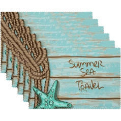 Tbouobt Stoff-Tischsets, waschbare Tischsets für Esstisch, 6er-Set,Retro Holzbretter Sommer Seesterne Muscheln