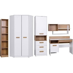 Marmex Meble Marmex Grant 4 Children's Room Complete Set in Set: Desk G2, Closed Bookcase G6, Narrow Bookcase G7, Wall Shelf G3, Corner Coat Rack G8 - White + Riviera Oak