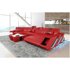 Sofa Dreams Sofa Apollonia C Shape Living Room Leather Couch with Headrests Leather Sofa with LED Lighting (Ottoman Right, Red/Black)