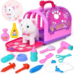 Fegalop Veterinary Case for Children, Electronic Pets Cat with Function, Veterinarian Play Set with Plush Toy, Pets Dog Salon Toy for Boys & Girls, 2, 3, 4, 5 Years, Christmas Gifts