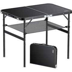 Anbte Camping Table Folding Table Aluminium 90 x 60 cm (L x W) 2 Heights Adjustable with Storage Net Portable Suitcase Table for Party Garden Indoor and Outdoor Use (Black)