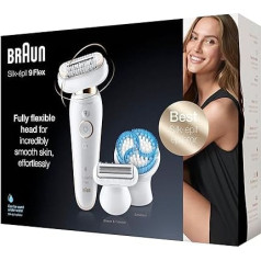 Braun Silk-épil 9 Flex 9010 Women's Hair Remover with Razor Attachment and Deep Exfoliating Brush with Flexible Head for Easier Hair Removal White / Gold