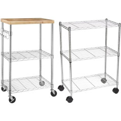 Amazon Basics - Kitchen Trolley Wood/Chrome & Shelf with Wheels and 3 Shelves - Chrome