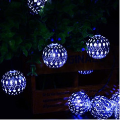 Silver Moroccan Orb String Lights, KINGCOO Waterproof 20 LED Metal Goble Lantern Solar Fairy Lights with 8 Modes Ambient Lighting for Garden Wedding Party Christmas Decorations (Blue)