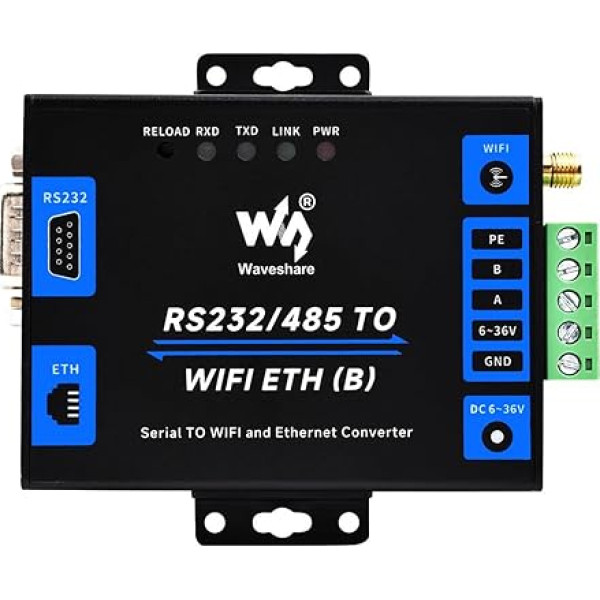 Waveshare Industrial Grade Serial Server RS232/485 to WiFi and Ethernet, Modbus Gateway, MQTT Gateway, Metal Case, Wail-Mount and Rail-Mount Support