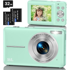 Digital Camera Compact Camera, 44MP 1080P HD Camera 2.4 Inch LCD 16X Digital Zoom Rechargeable Digital Camera for Children, Teenagers, Beginners, Boys, Girls (Green)