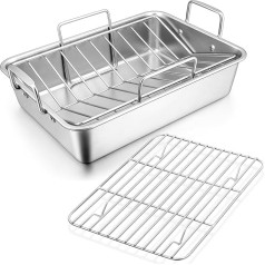 Joyfair Casserole Dish with Rack, Stainless Steel Roasting Dish with Cooling Rack and V-Shape Grate, Set of 3, 35.8 x 26.7 x 9 cm, Rectangular Deep Swedish Bowl for Turkeys/Meat/Vegetables, Dishwasher