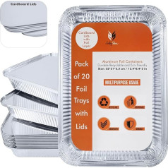 ZubyShax 20 Stück große Einweg-Aluminiumfolien-Tabletts – 32 x 26 x 7 cm/230 ml Blechfolienbehälter mit Deckel, ideal für Ofen, Lebensmittelaufbewahrung, Grillen, Braten und Backen