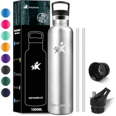 KollyKolla Stainless Steel Water Bottle, 1 Litre, Vacuum Thermos Flask, Water Bottle, Leak-Proof, BPA-Free Thermos Flask with Straw, Suitable for Carbonated Drinks, for Adults, University, Yoga,