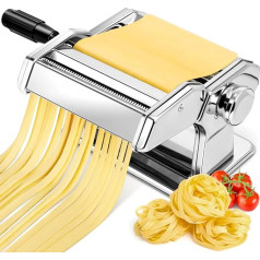 Manual Pasta Machine, Stainless Steel Pasta Maker with Two Widths, Stainless Steel Roller and Cutter with 7 Adjustable Thicknesses for Pasta, Spaghetti, Fettuccine, Lasagna