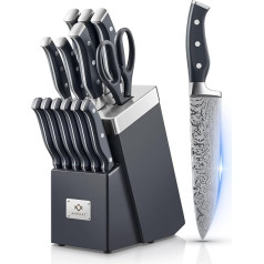 AMEGAT Knife Block with Knife, 14-Piece Self-Sharpening Knife Block, Sharp Knife Set with Ergonomic and Non-Slip Handle, Stainless Steel Kitchen Knife Set with Chef's Knife, Bread Knife, Scissors