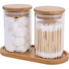 lulalula 2 Pieces Cotton Bud Holder with Bamboo Tray, Glass for Cotton Pads with Lid and Sealing Silicone Ring, Cotton Buds Container Set for Bathroom, Makeup Storage