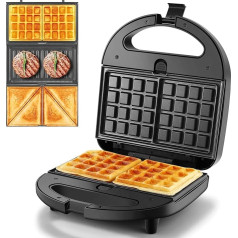 YASHE Multifunctional device 3-in-1 (sandwich maker, sandwich toaster, contact grill, waffle iron, panini machine), non-stick coated removable plates, 750 W, LED indicators, BPA-free, black