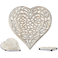 Cast Iron Heart Shape Coaster - Decorative Cast Iron Heart Coaster for Kitchen or Dining Table - Vintage Rustic Design - 6.75 x 6.5 cm - with Rubber Feet - Recycled Metal - White