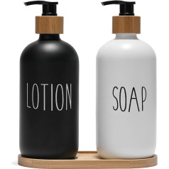 FEILANDUO Glass Soap Dispenser Set, Dish Soap Dispenser for Kitchen Sink, Hand Soap Dispenser for Bathroom with Bamboo Pump and Soap Dish, Farmhouse Home Decoration (B-Black+White)