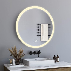 BD-Baode Bathroom Mirror with Lighting, 60 x 60 cm, Round Bathroom Mirror with Touch Switch, LED Bathroom Mirror, Light Mirror, 3 Light Colours, Adjustable Brightness, 3000-6500 K