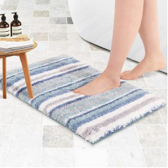 Carvapet Non-Slip Bath Mat, Bathroom Rug, Water-Absorbent Bath Mat for Bathroom, Soft Plush Striped Microfibre Bath Mat, Shower Mat (Blue, 43 x 61 cm)