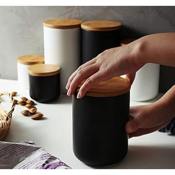 Ceramic Food Storage Jar with Airtight Sealed Bamboo Lid Sealed Food Storage Container Canister Can be Used for Tea, Coffee, Spices, etc. (Black 24.63oz/700ml)