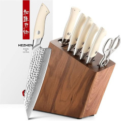 HEZHEN Damask Knife Block Set, 8 Pieces, Professional Kitchen Knife Set, Damascus Steel Chef's Knife Set, Santoku, Kitchen Scissors Made of Stainless Steel Knife Sharpener, Wooden Knife Holder