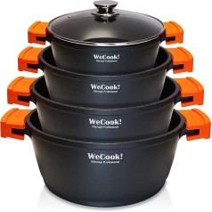 WECOOK! EcoChef Titanium Cooking Pot Set for Induction Kitchen, 8 Pieces, Cast Aluminium, 4 Pots, Non-Stick Coating QuanTanium without PFOA, Set of Pots Glass Lids, Silicone Handles, Glass Ceramic,