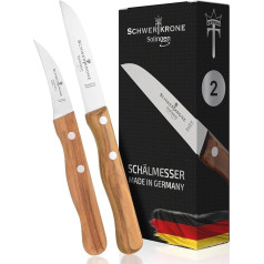 Schwertkrone Solingen Paring Knives Set of 2 - Fruit Knife & Vegetable Knife with Olive Wood Handle - 15.5 cm Curved / 17.5 cm Rustproof - Bird's Beak & Straight