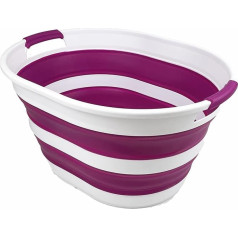 SAMMART Plastic Collapsible Laundry Basket 23L Oval Tub/Basket - Foldable Storage Bins / Organizer - Portable Washing Basket - Space Saving Laundry Basket (1, White/Purple)