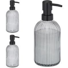 Relaxdays Glass Soap Dispenser, Set of 3, Pump Head, Refillable, Bathroom, Kitchen, Liquid Soap Dispenser, 400 ml, Black