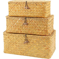 NGOSUET Set of 3 Storage Baskets with Lid, Rattan Basket Set, Storage Basket Made of Braided Rattan, Multifunctional Shelf Baskets, Seagrass Basket for Living Room, Kitchen, Large/Medium/Small