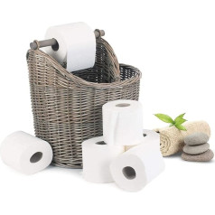 Large Willow Roll Holder Basket Holds 5 Rolls - Toilet Paper Storage Freestanding for Bathroom - Toilet Paper Holder with Storage Box and Wooden Holder